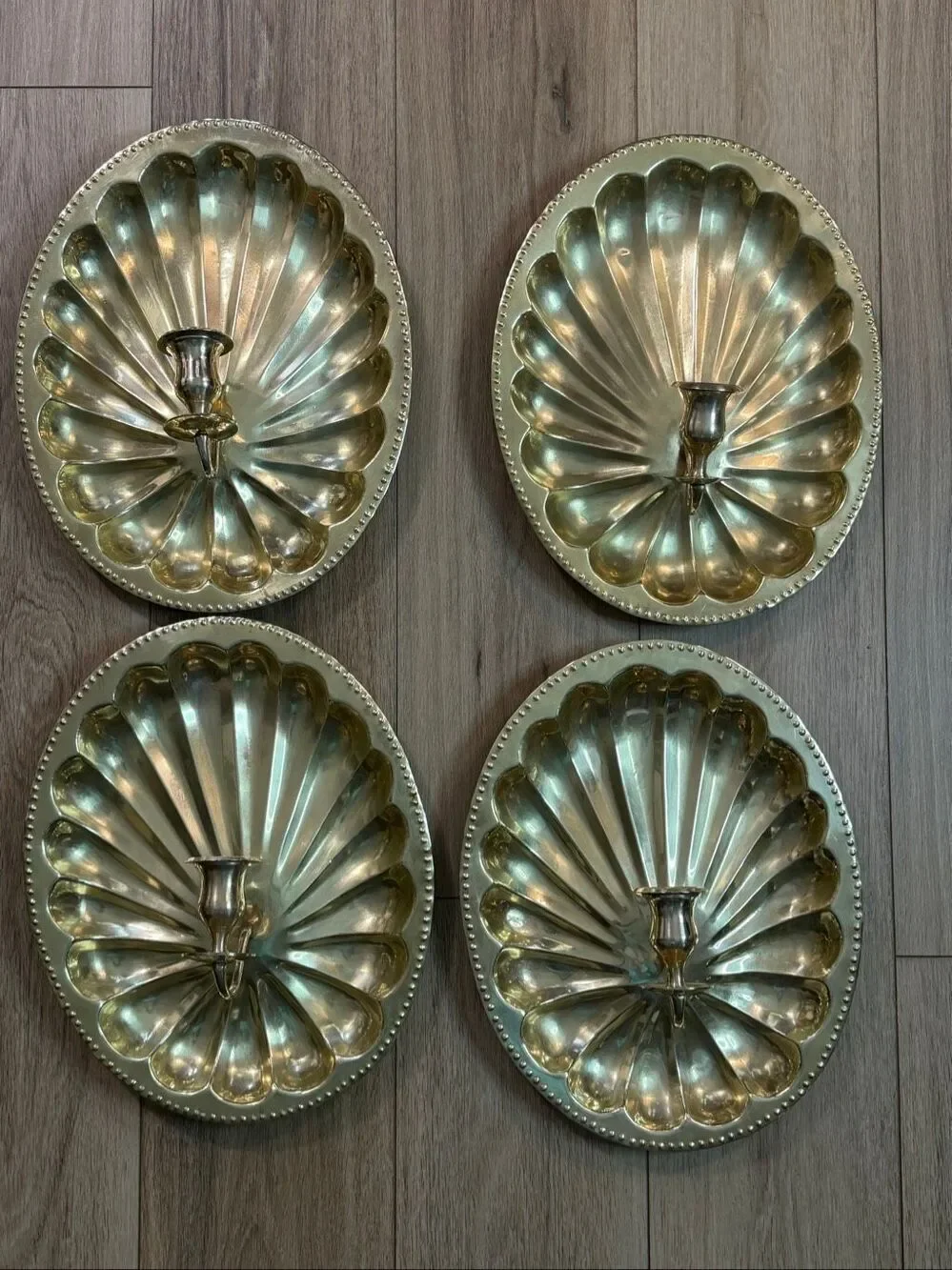 Vintage  Brass Shell Shaped Wall Sconce Mid Century Candle Holder Set of 4